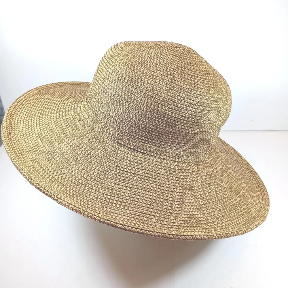 Nine West Wide Brim Sun Hat Bronze Gold Metallic Woven Straw Floppy Summer